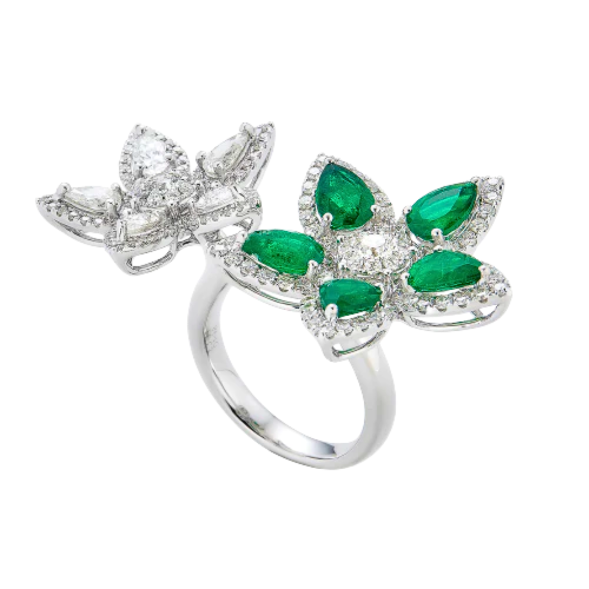 Double Flower Diamond Emerald Ring