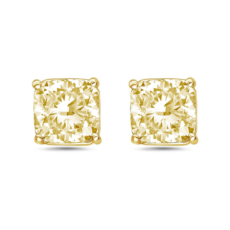 Lab-Grown Yellow Cushion Cut Diamond Stud Earrings, 4-Prong, 14K Gold