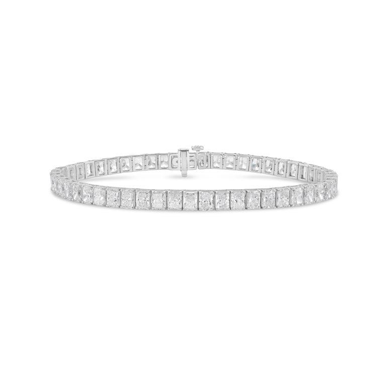 Radiant cut lab diamond tennis bracelet in 14K white gold, four prong setting