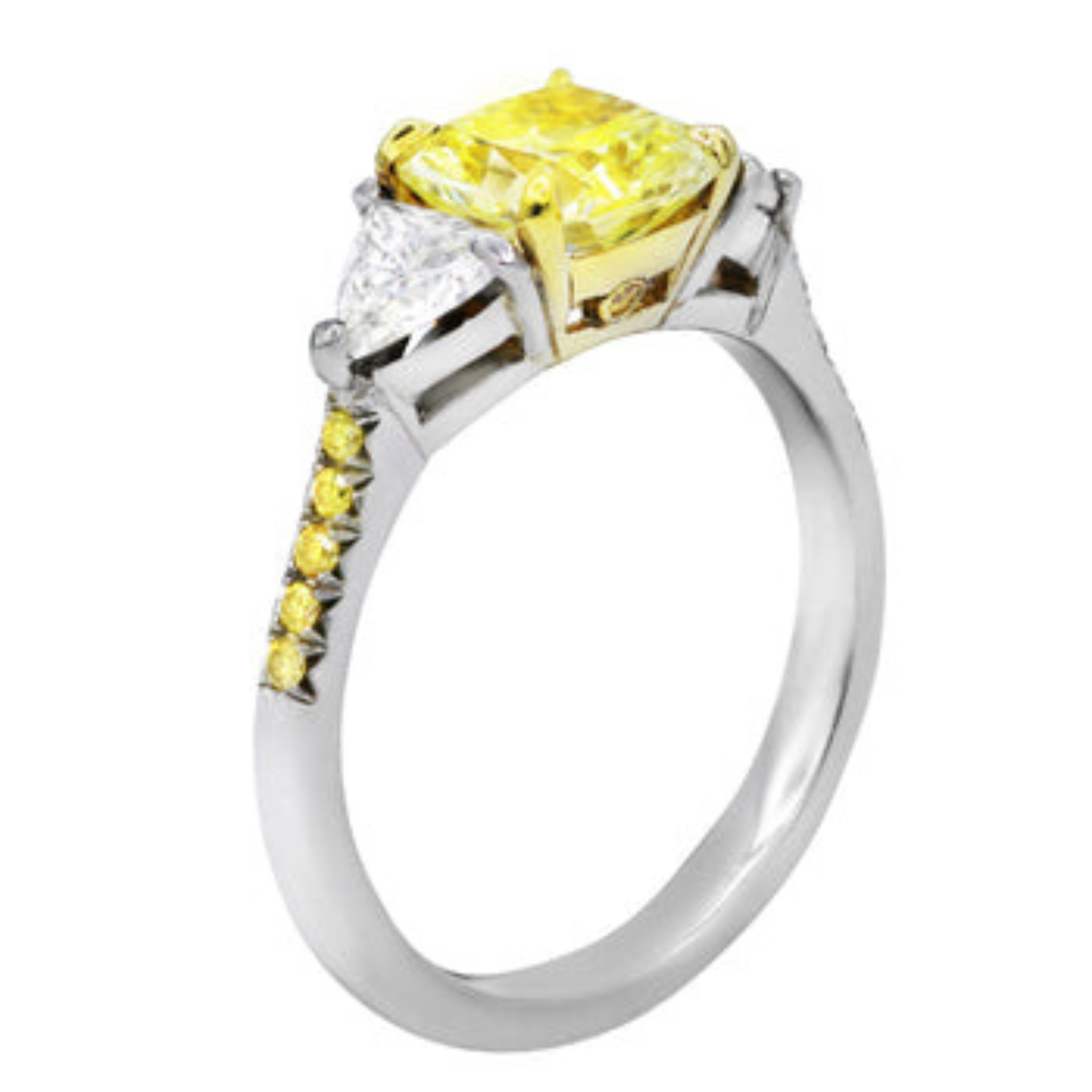 Radiant yellow diamond three-stone engagement ring