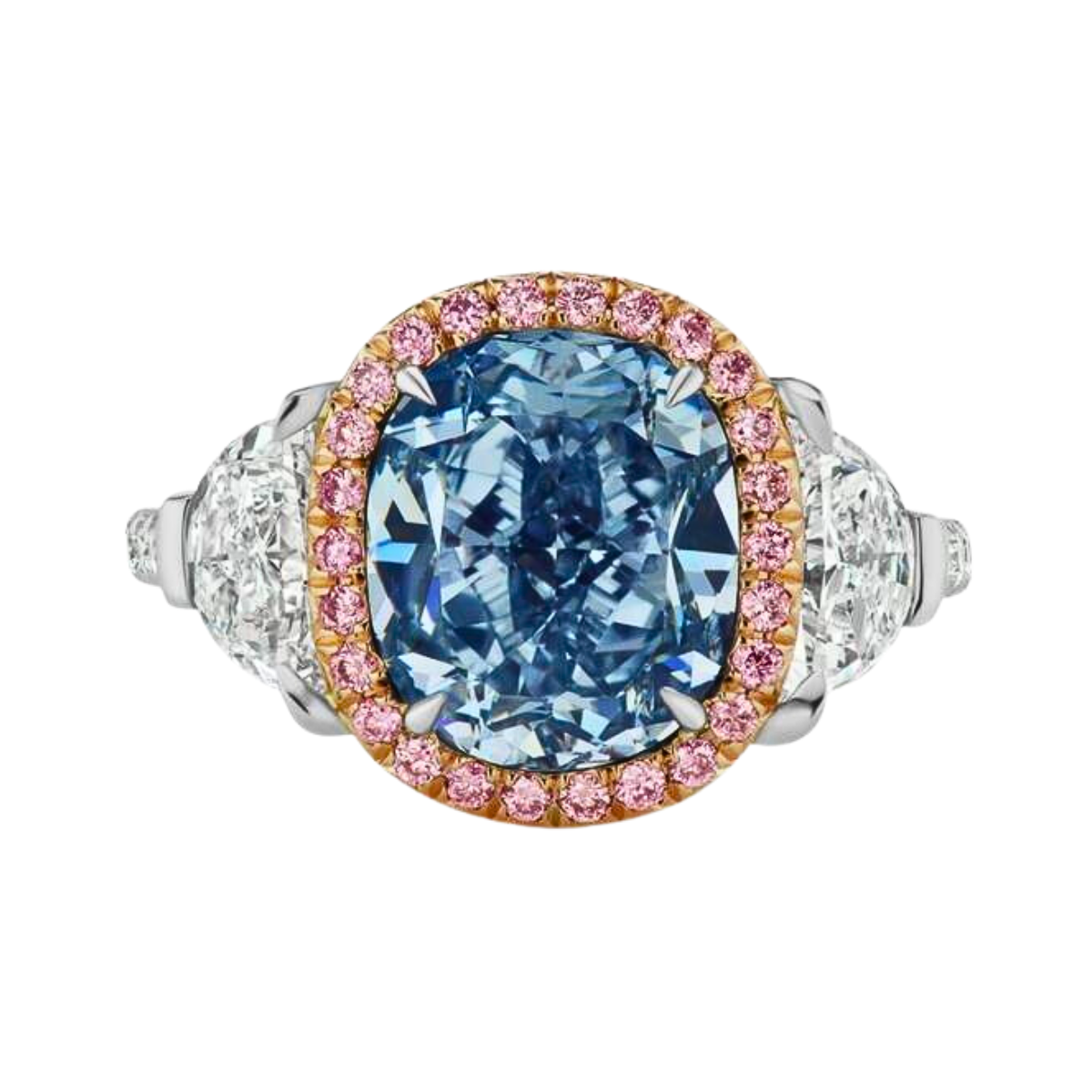 Cushion Fancy Intense Blue Diamond Three Stone Ring