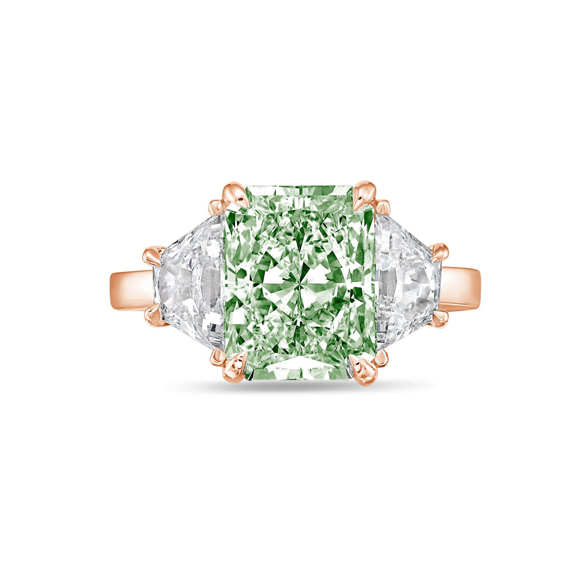 Lab-Grown Green Radiant Three-Stone Engagement Ring with Trapezoids, 14K Gold