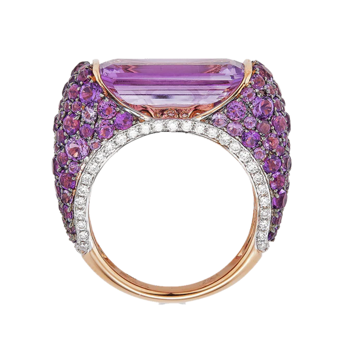 Rose Gold Emerald Cut Amethyst & Round Diamond Bridge Ring