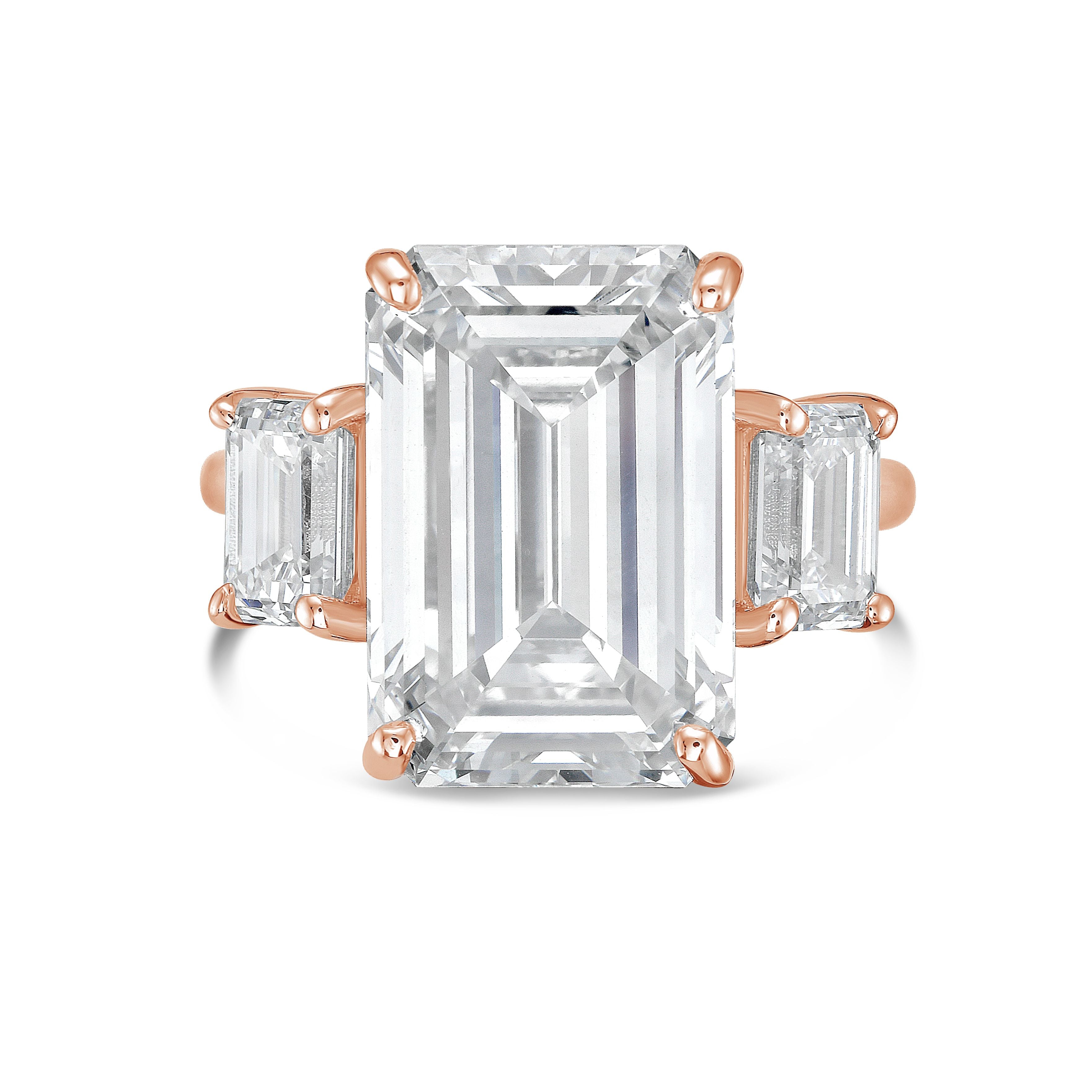 Rose gold emerald cut three stone engagement ring, lab diamonds, high polish