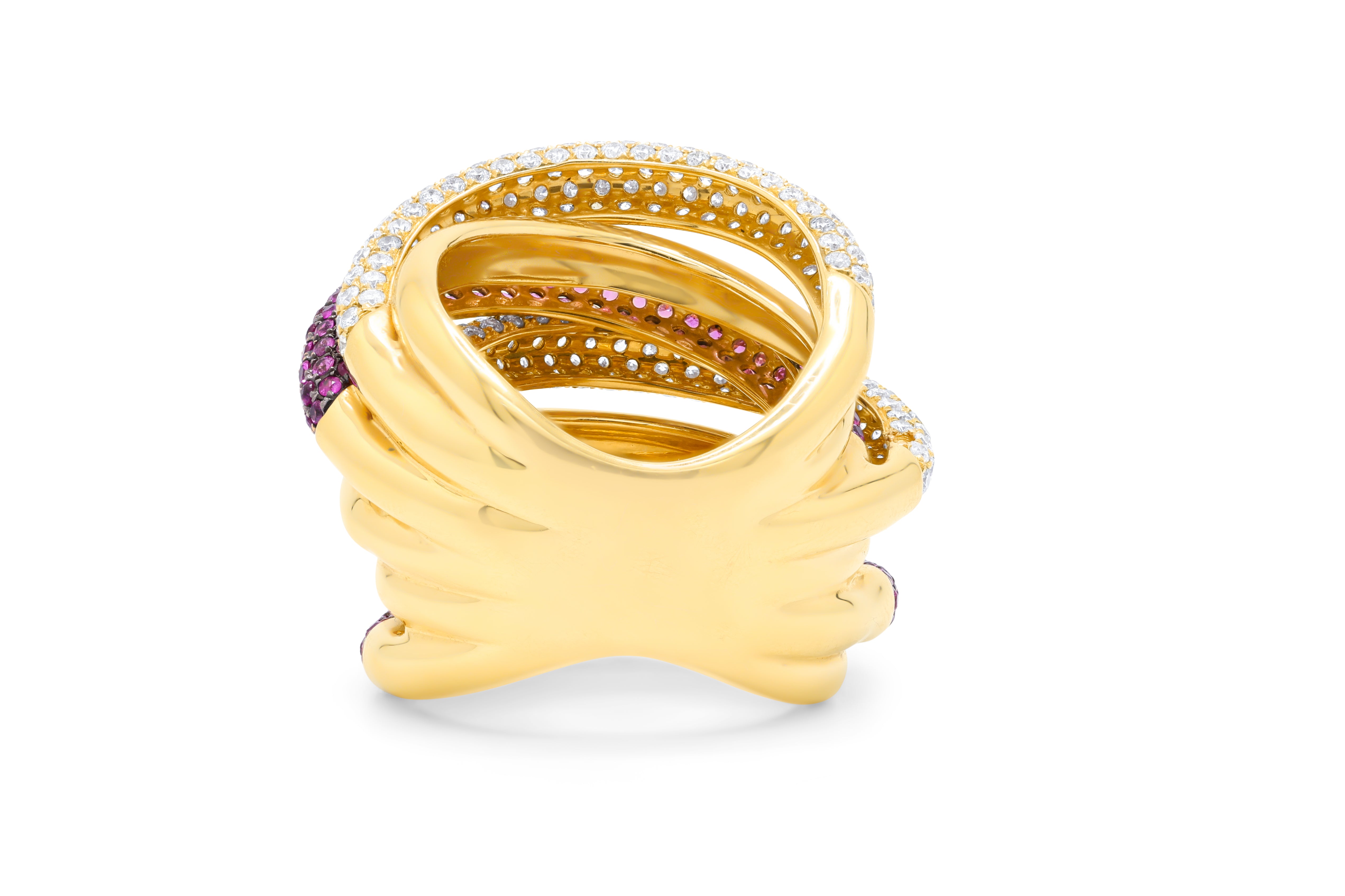 Rose gold sapphire and diamond spiral statement ring, layered multi-band design