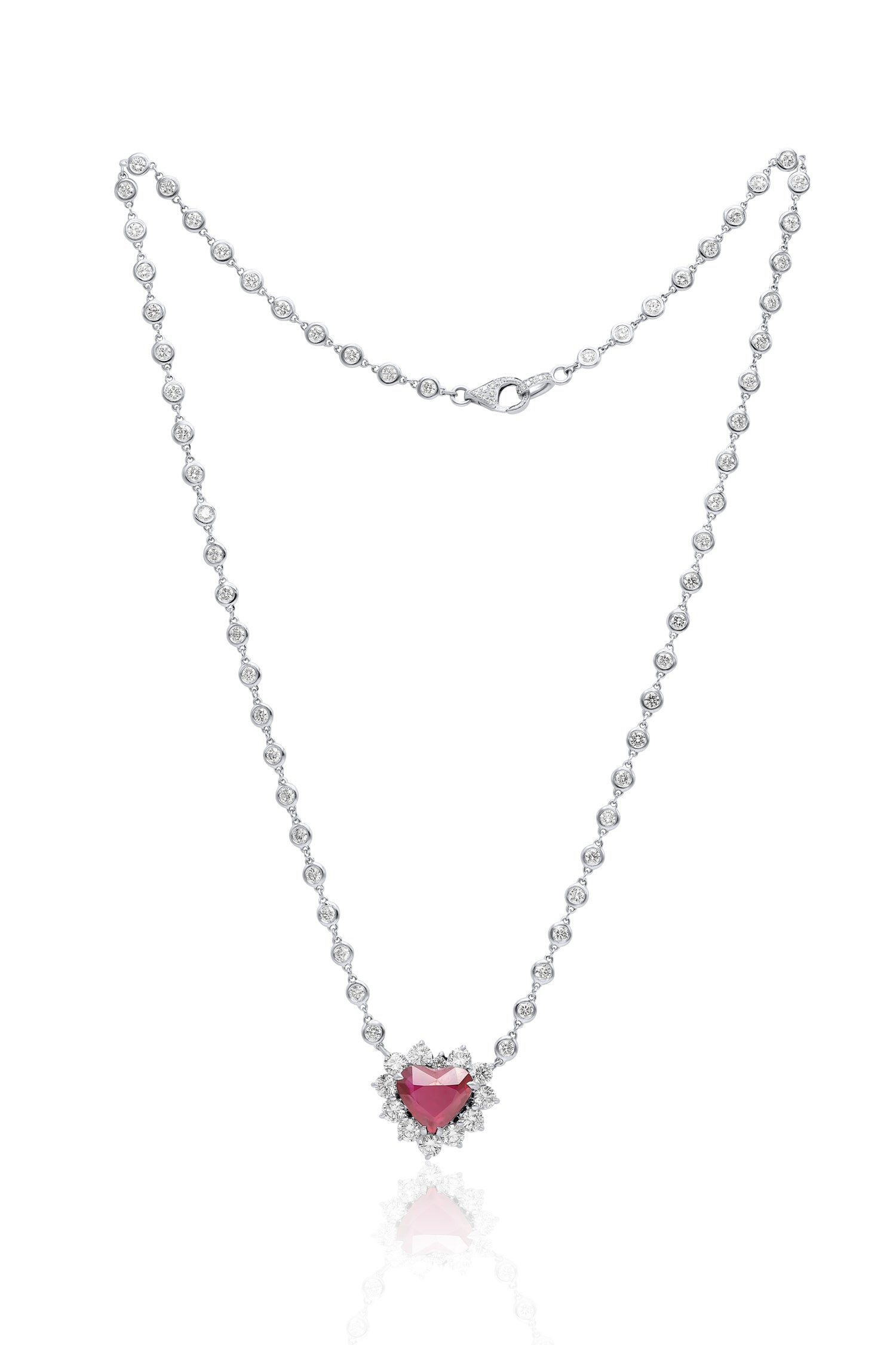Ruby and diamond heart necklace with halo and diamonds-by-the-yard chain, 18K white gold