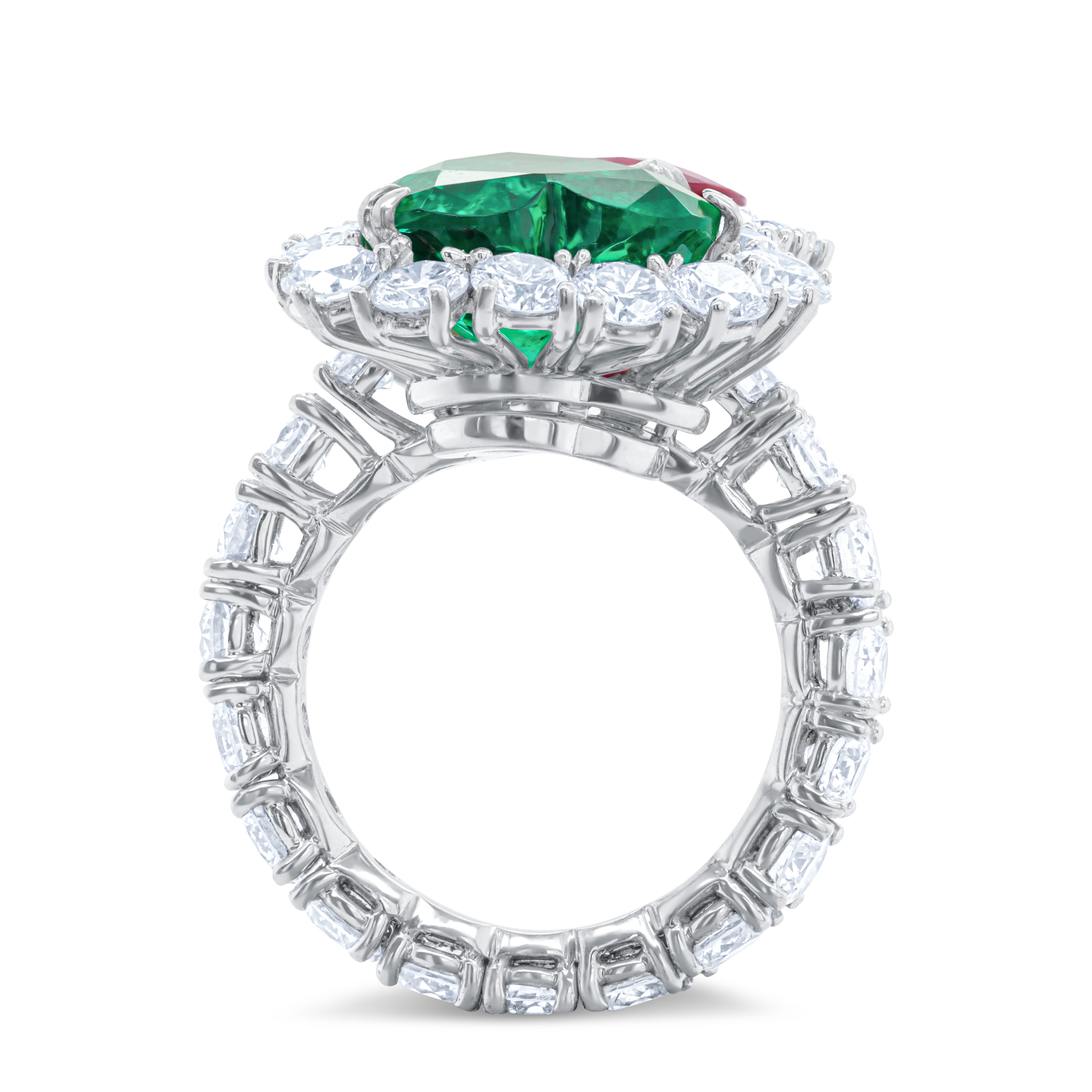 Ruby and emerald heart Toi et Moi diamond ring in platinum, size 5