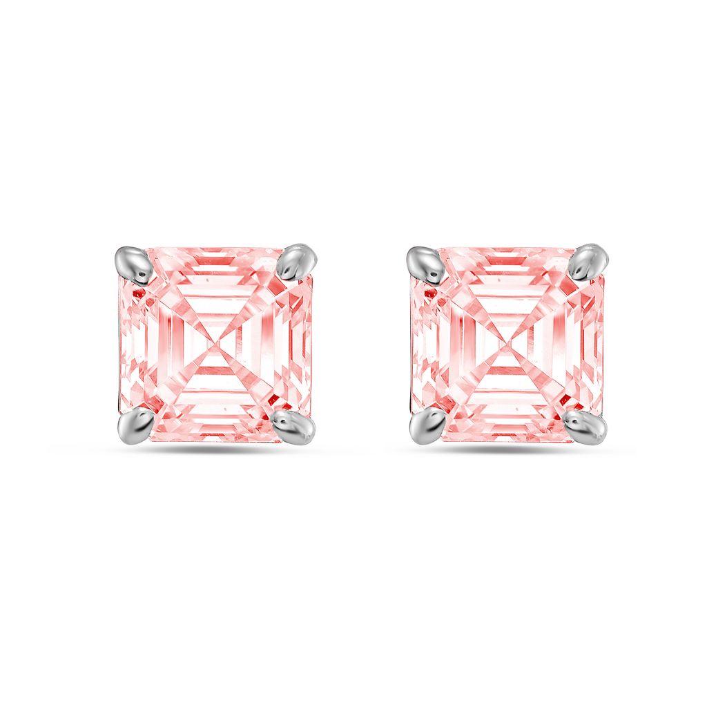 Lab-Grown Pink Asscher Diamond Stud Earrings, 4-Prong, 14K Gold