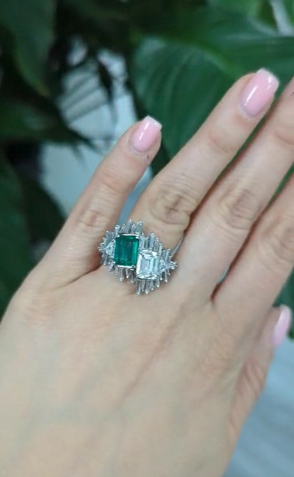 Emerald Diamond Double Art Deco Ring
