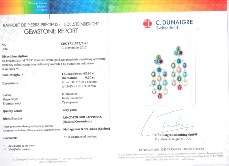 Gemstone report with C. Dunaigre branding and jewelry illustration on a white background.