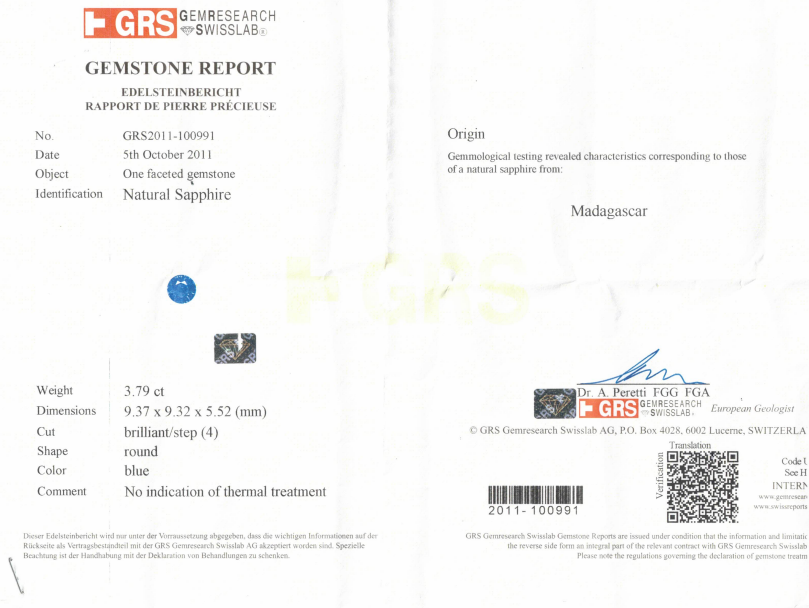 GRS Research certificate for a gemstone with text and certification details.