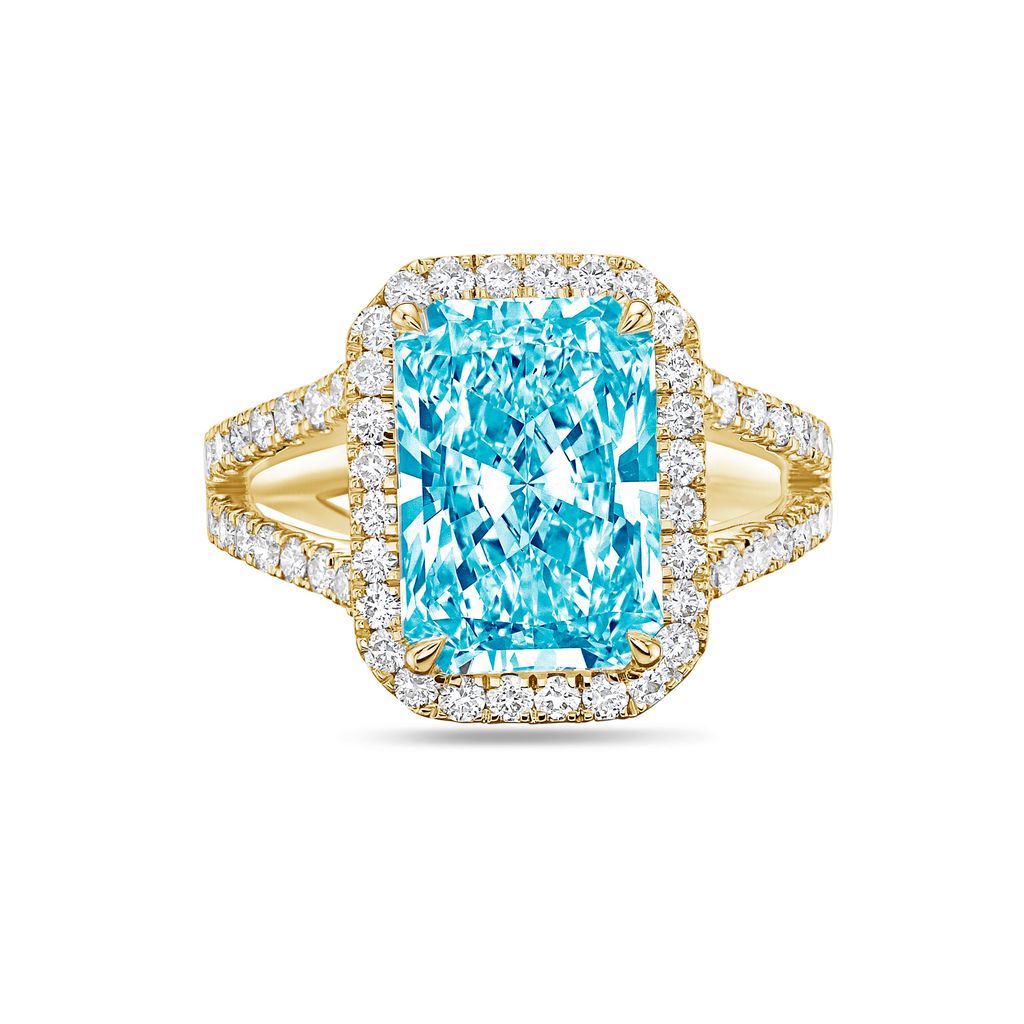 Lab-Grown Blue Radiant Halo Diamond Engagement Ring, 14K Gold