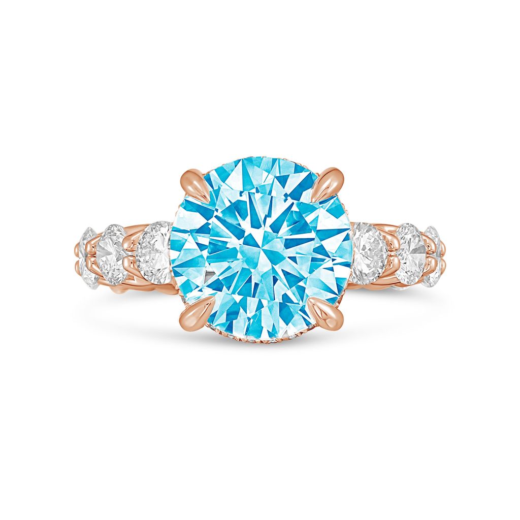 Lab-Grown Blue Round Diamond Hidden Halo Ring with Pavé Band, 14K Gold