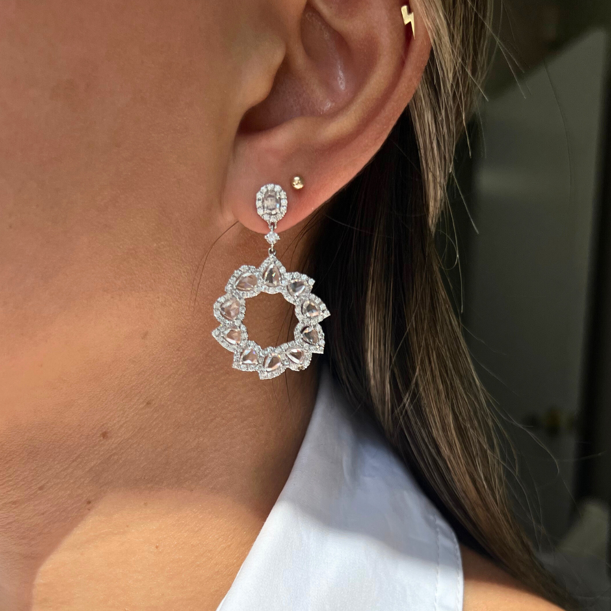 Rose Cut Diamond Flower Earring