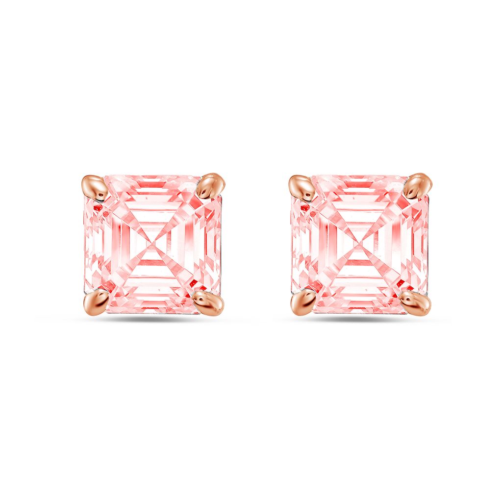 Lab-Grown Pink Asscher Diamond Stud Earrings, 4-Prong, 14K Gold