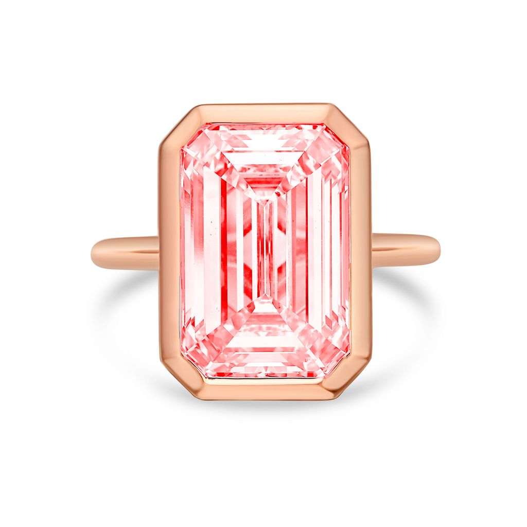 Lab-Grown Pink Emerald Cut Diamond Bezel Solitaire Ring, 14k Gold