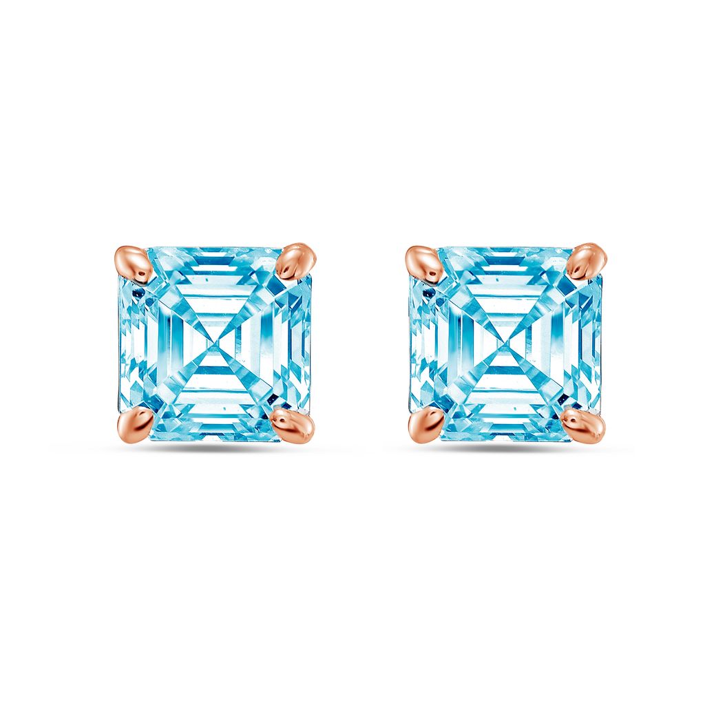 Lab-Grown Blue Asscher Diamond Stud Earrings, 4-Prong, 14K Gold