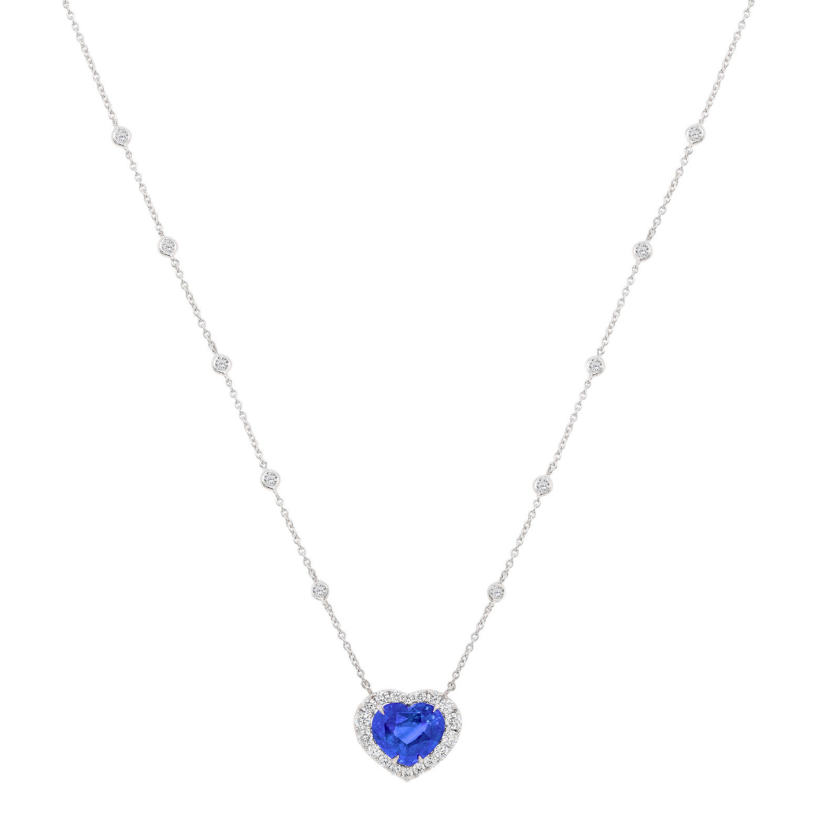 Unheated heart sapphire and diamond necklace with by-the-yard chain, certified luxury