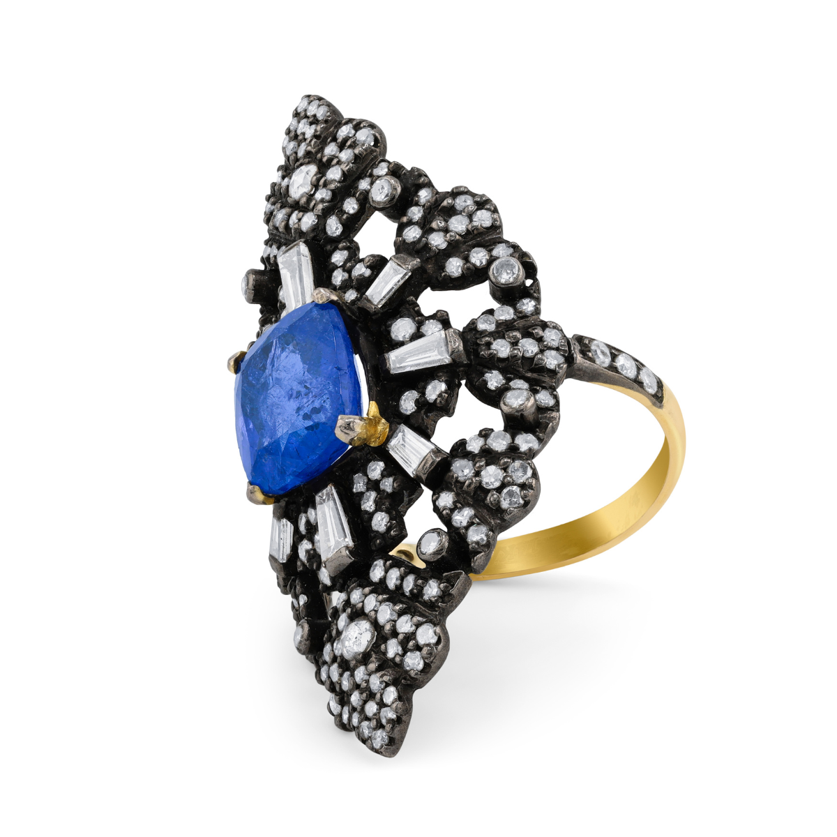 Sapphire Rhodium Art Deco Ring