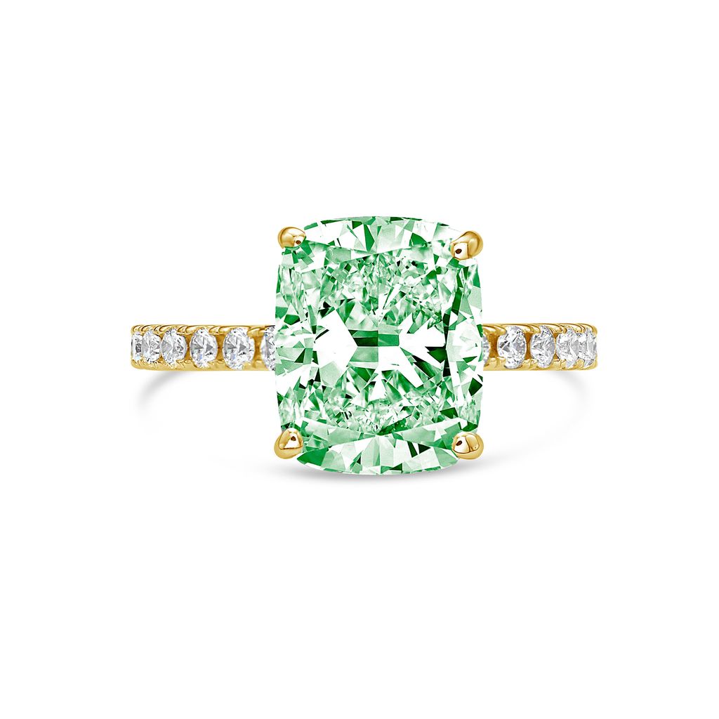 Lab-Grown Cushion Cut Green Diamond Pavé Engagement Ring, 14K Gold