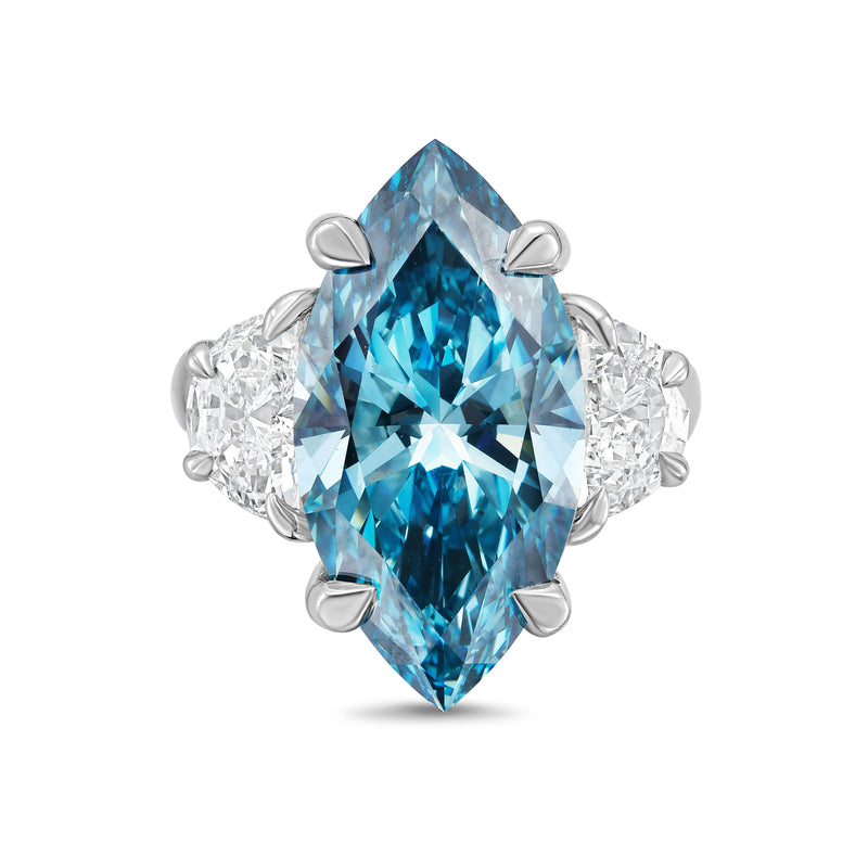 Lab Grown Blue Marquise Cut Diamond with Two Half Moons on Sides Engagement Ring, 14K Gold