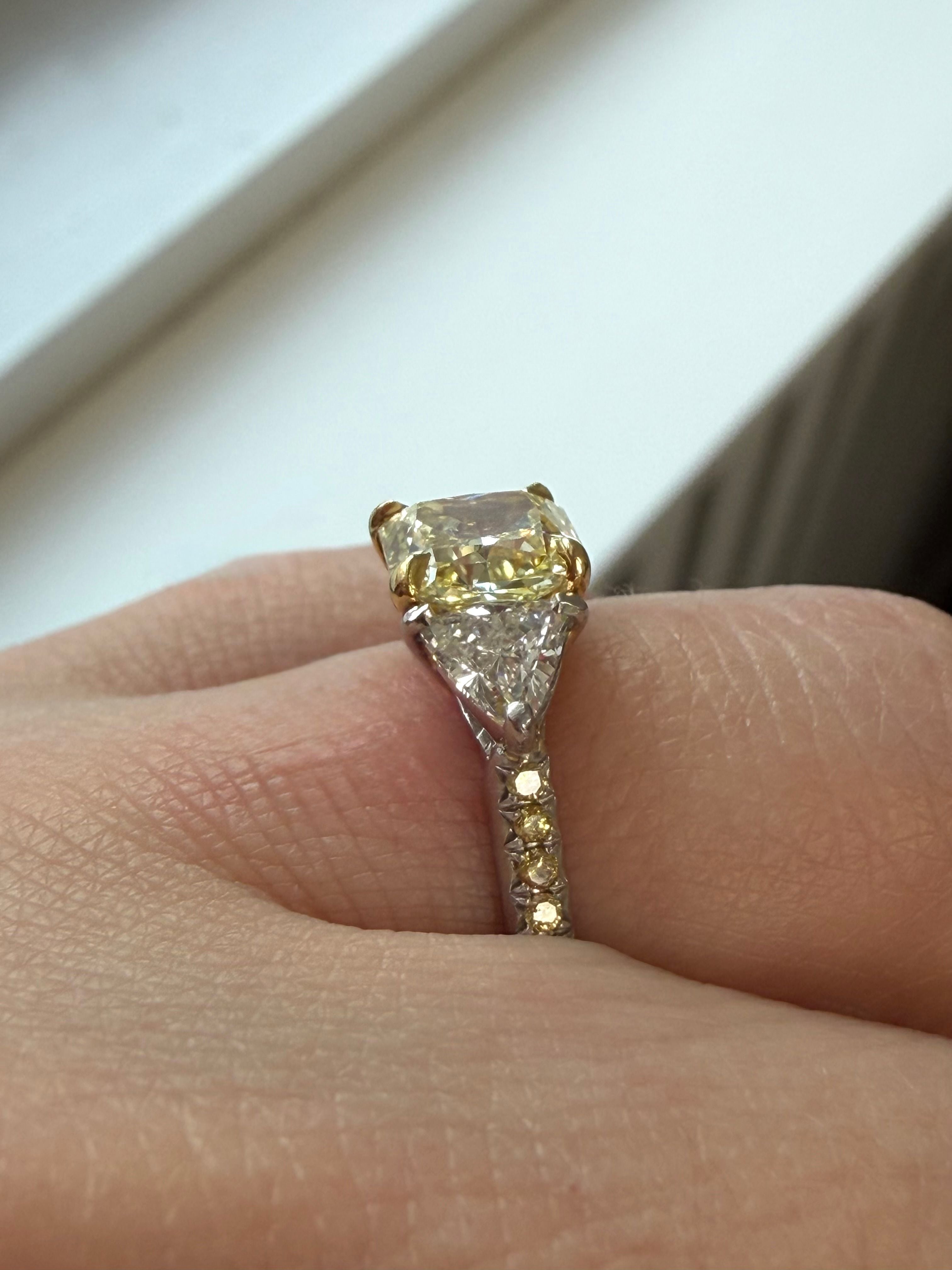 Radiant Fancy Yellow Diamond Three Stone Engagement Ring