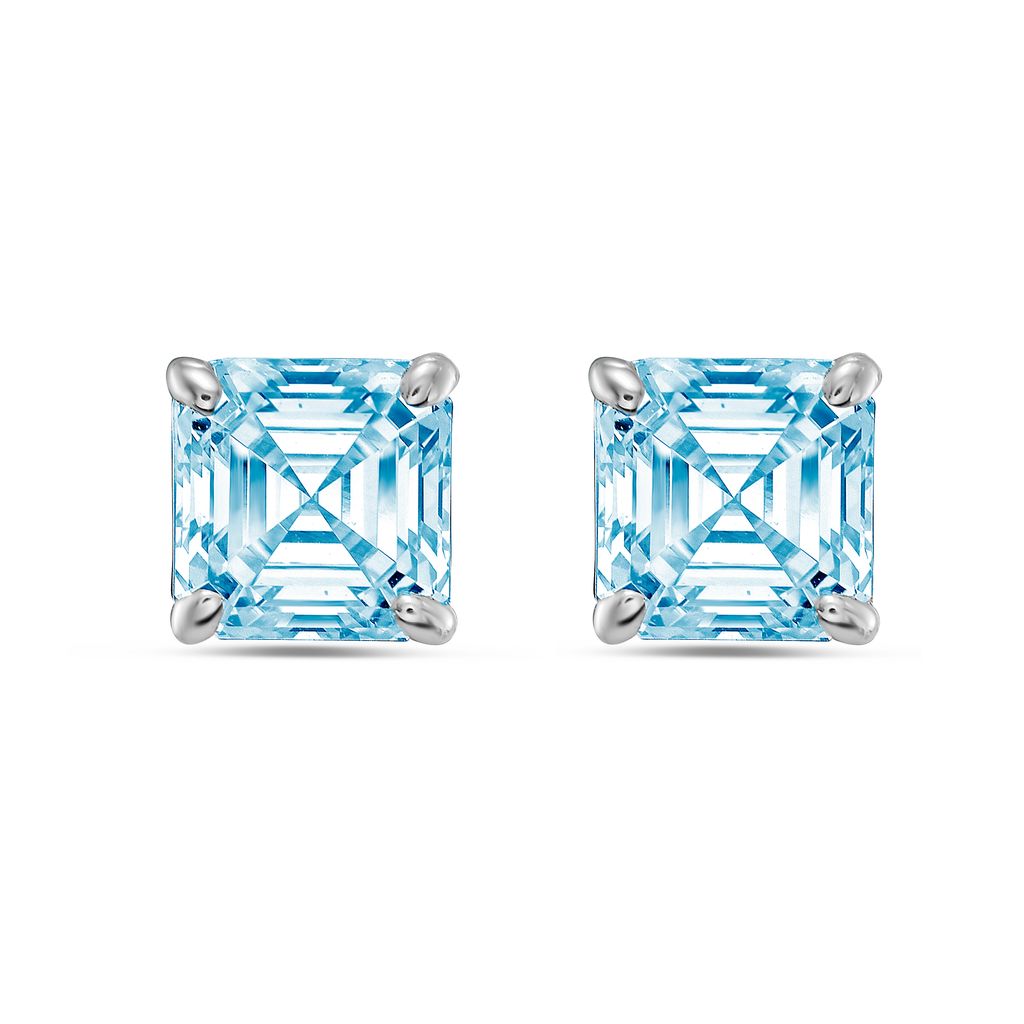 Lab-Grown Blue Asscher Diamond Stud Earrings, 4-Prong, 14K Gold