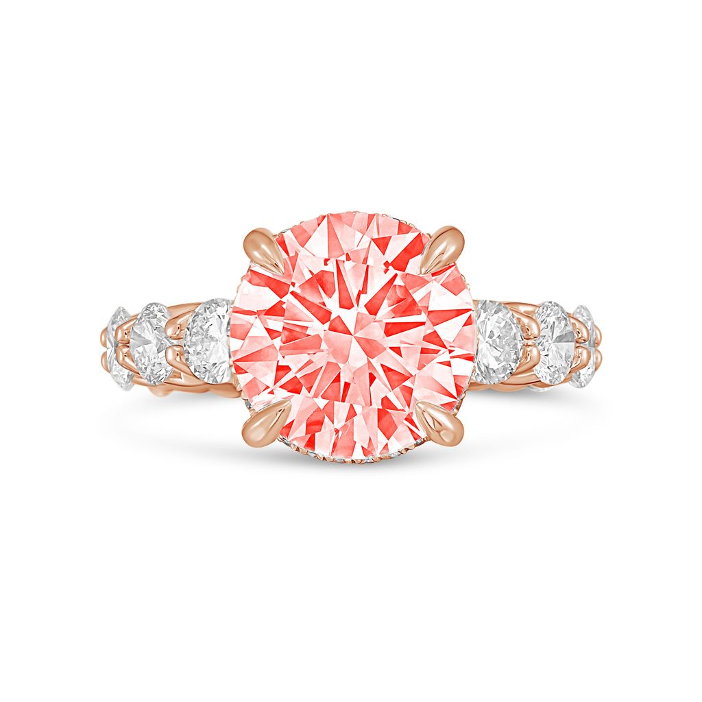 Lab-Grown Pink Round Diamond Hidden Halo Ring with Pavé Band, 14K Gold