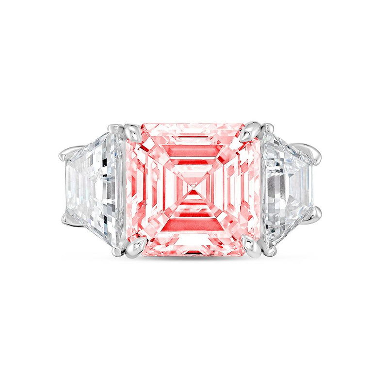 Lab-Grown Pink Asscher Diamond Ring with Trapezoids, 14K Gold