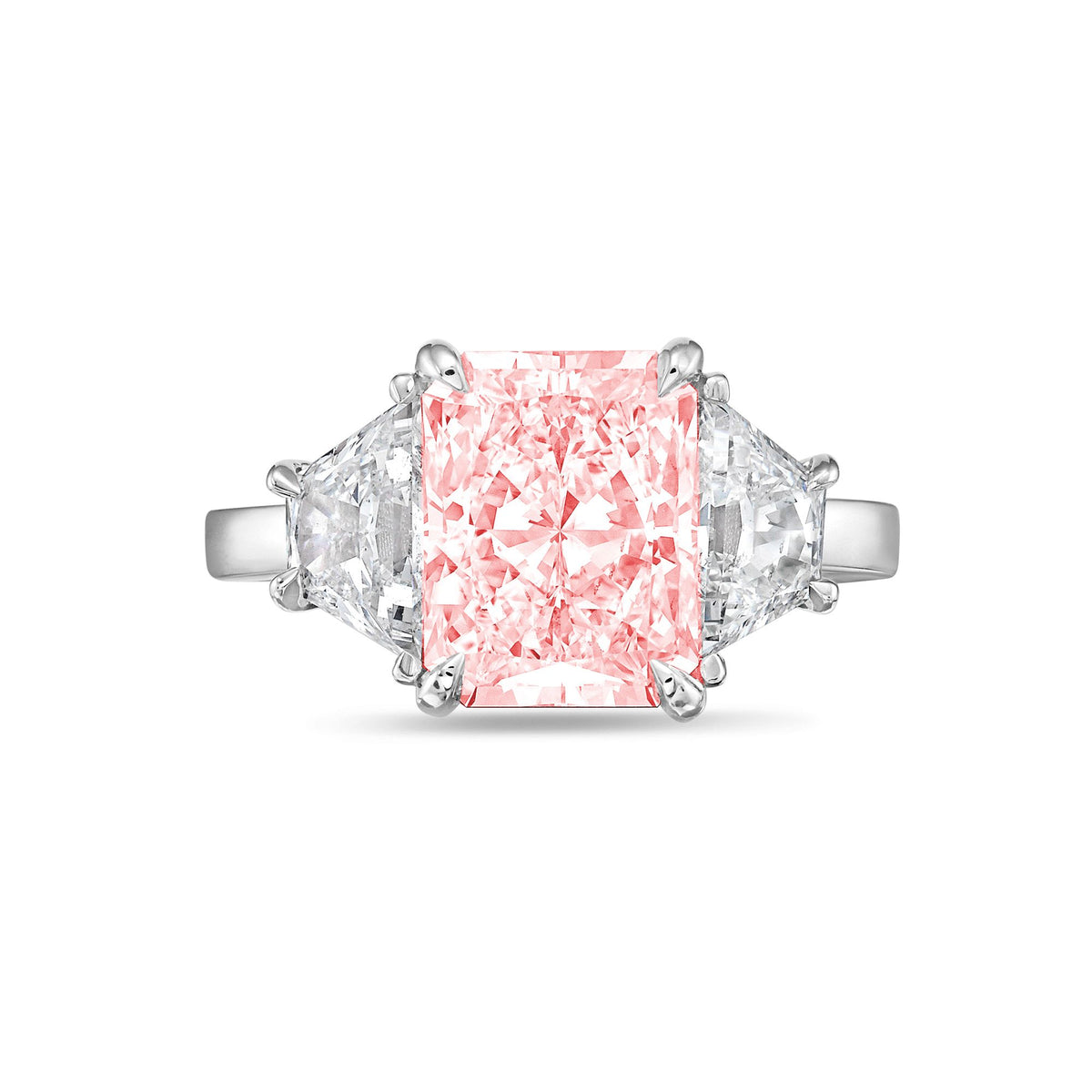 Lab-Grown Pink Radiant Three-Stone Engagement Ring with Trapezoids, 14K Gold