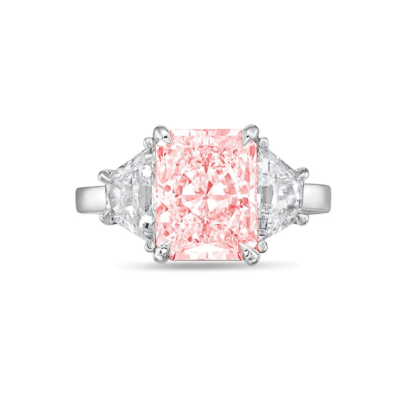 Lab-Grown Pink Radiant Three-Stone Engagement Ring with Trapezoids, 14K Gold