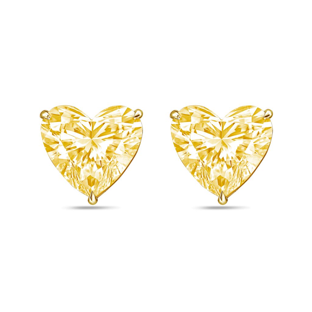 Lab-Grown Yellow Heart Diamond Stud Earrings, 3-Prong, 14K Gold