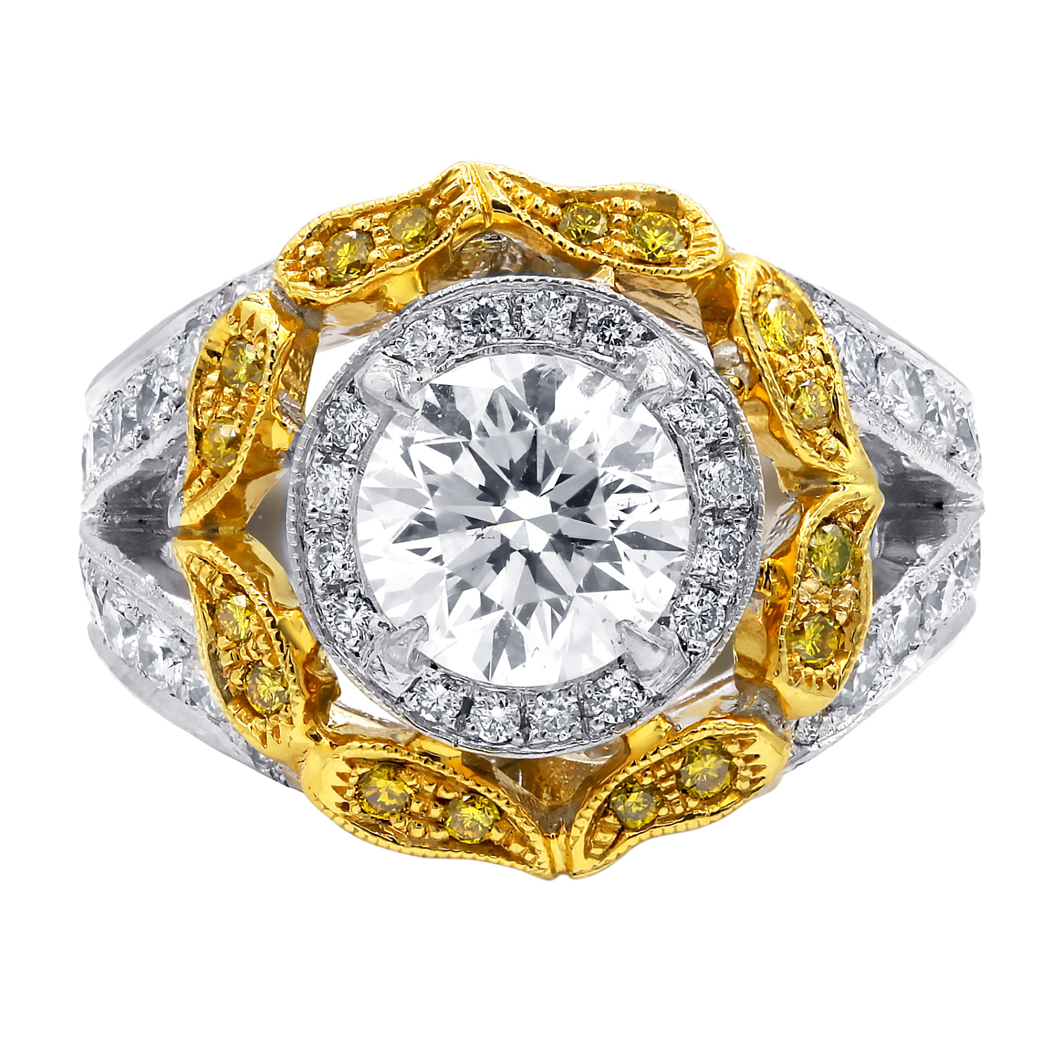 Yellow Gold Two Tone Round Halo Pave Split Shank Ring