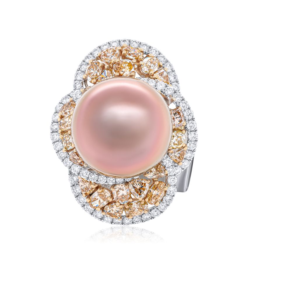 Pearl and Pink Diamond Flower Ring