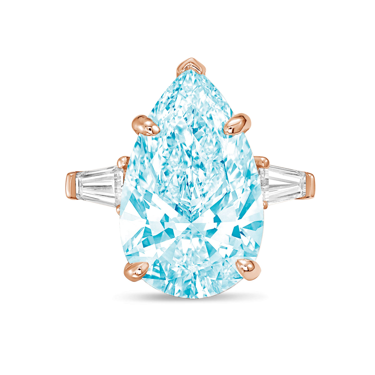 Lab-Grown Blue Pear Diamond Ring with Baguettes, 14K Gold