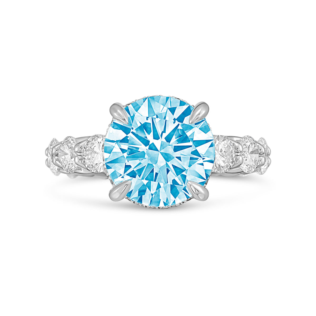 Lab-Grown Blue Round Diamond Hidden Halo Ring with Pavé Band, 14K Gold