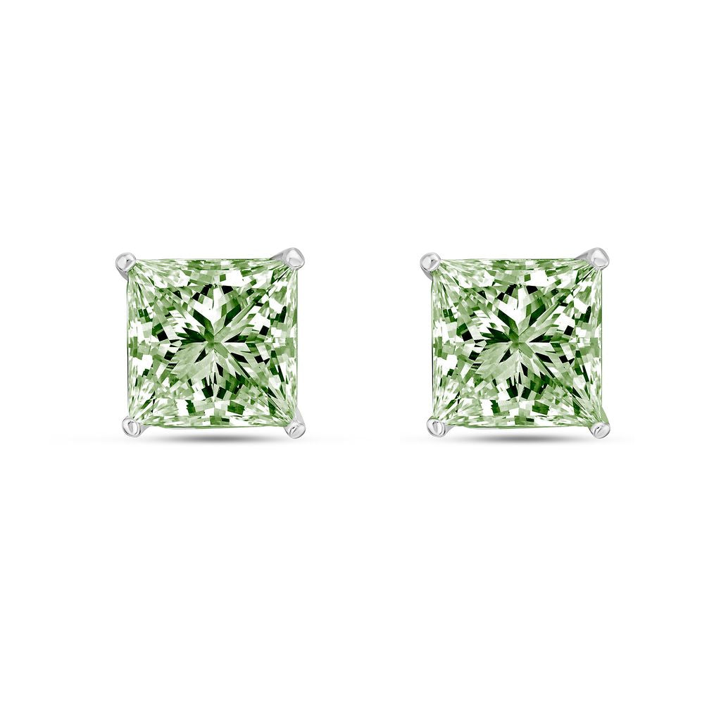 Lab-Grown Green Princess Cut Diamond Stud Earrings, 4-Prong, 14K Gold