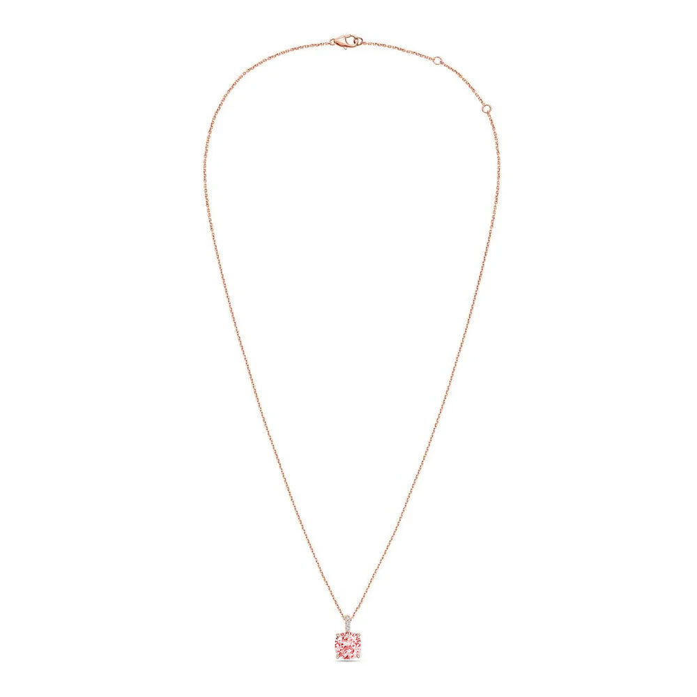 Lab-Grown Pink Cushion Diamond Pendant with Diamond Bail, 14K Gold