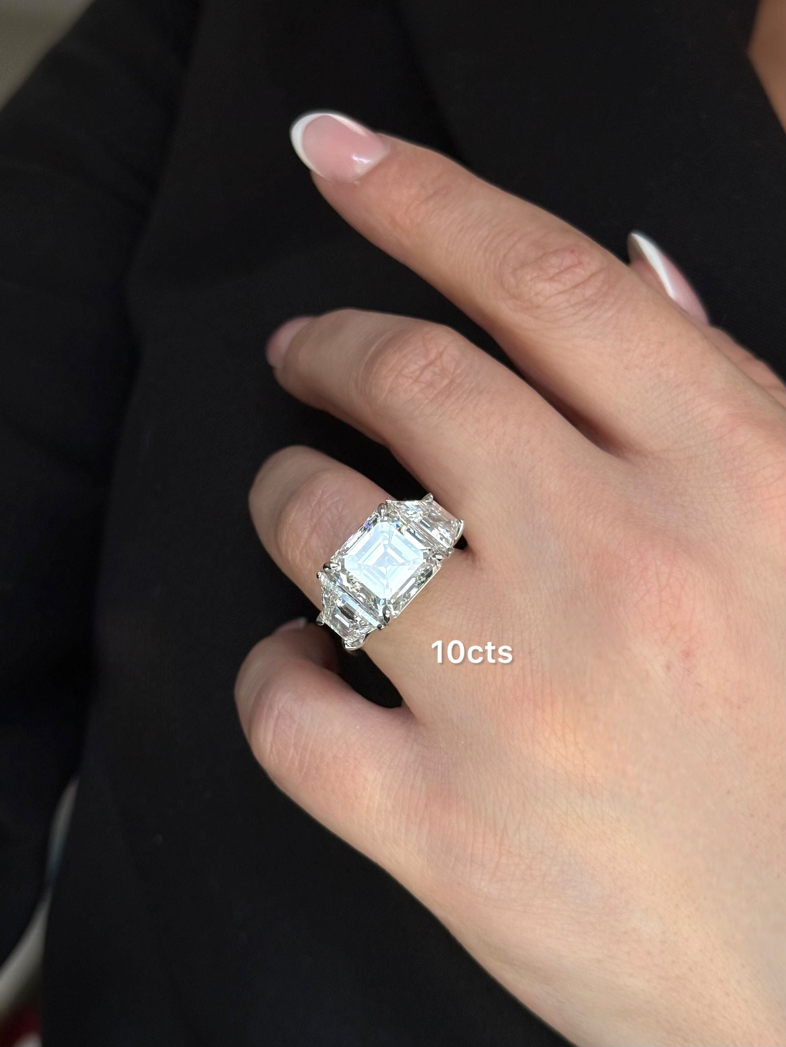 Lab Grown Three Stone Asscher Ring with Trapezoids