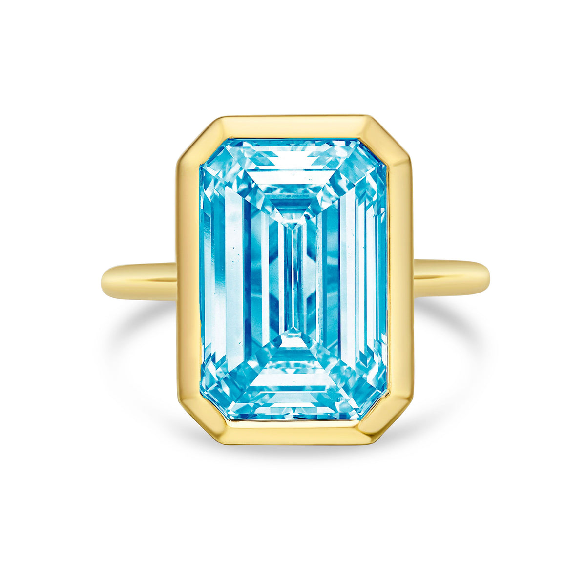 Lab-Grown Blue Emerald Cut Diamond Bezel Solitaire Ring, 14k Gold