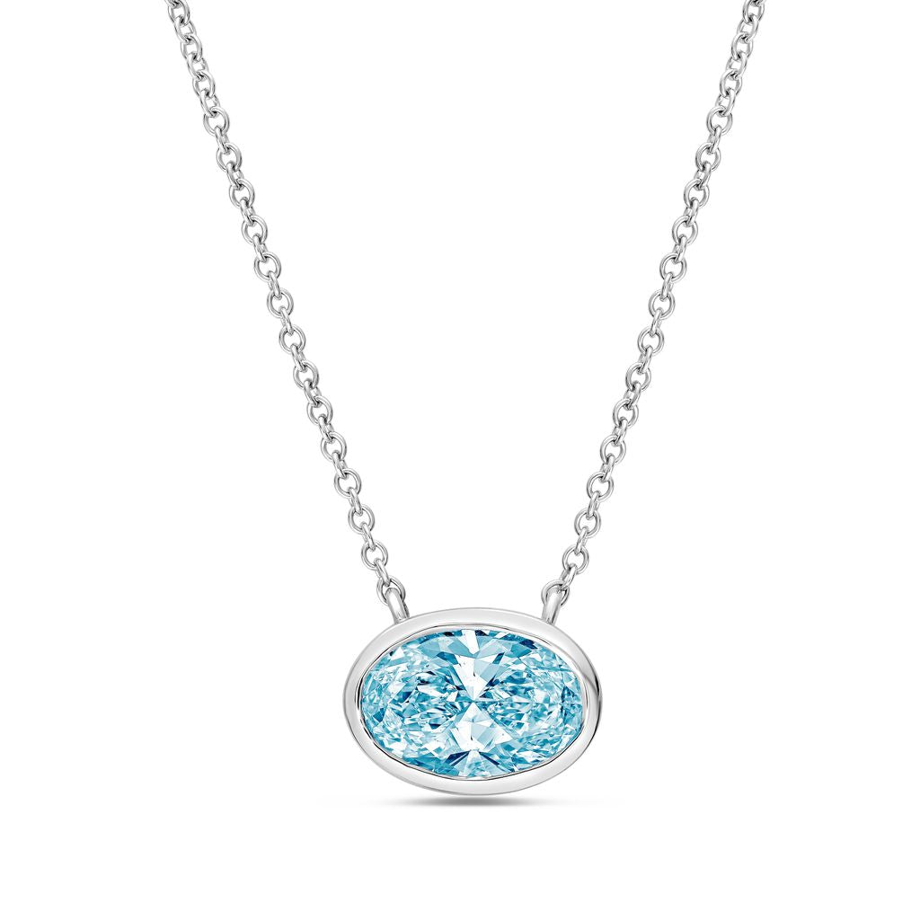 Lab-Grown Blue East-West Oval Diamond Bezel Pendant, 14K Gold