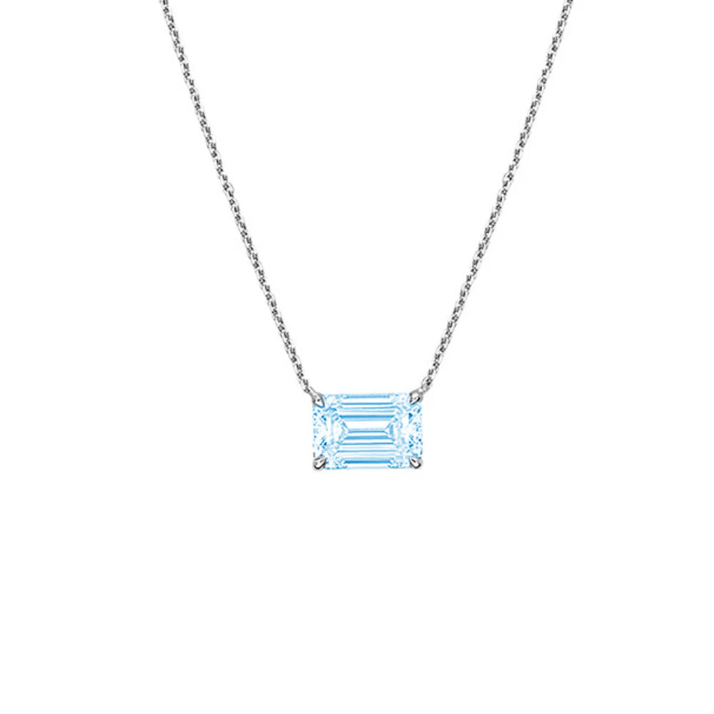 Lab-Grown Blue Emerald-Cut East-West Diamond Solitaire Pendant, 14k Gold