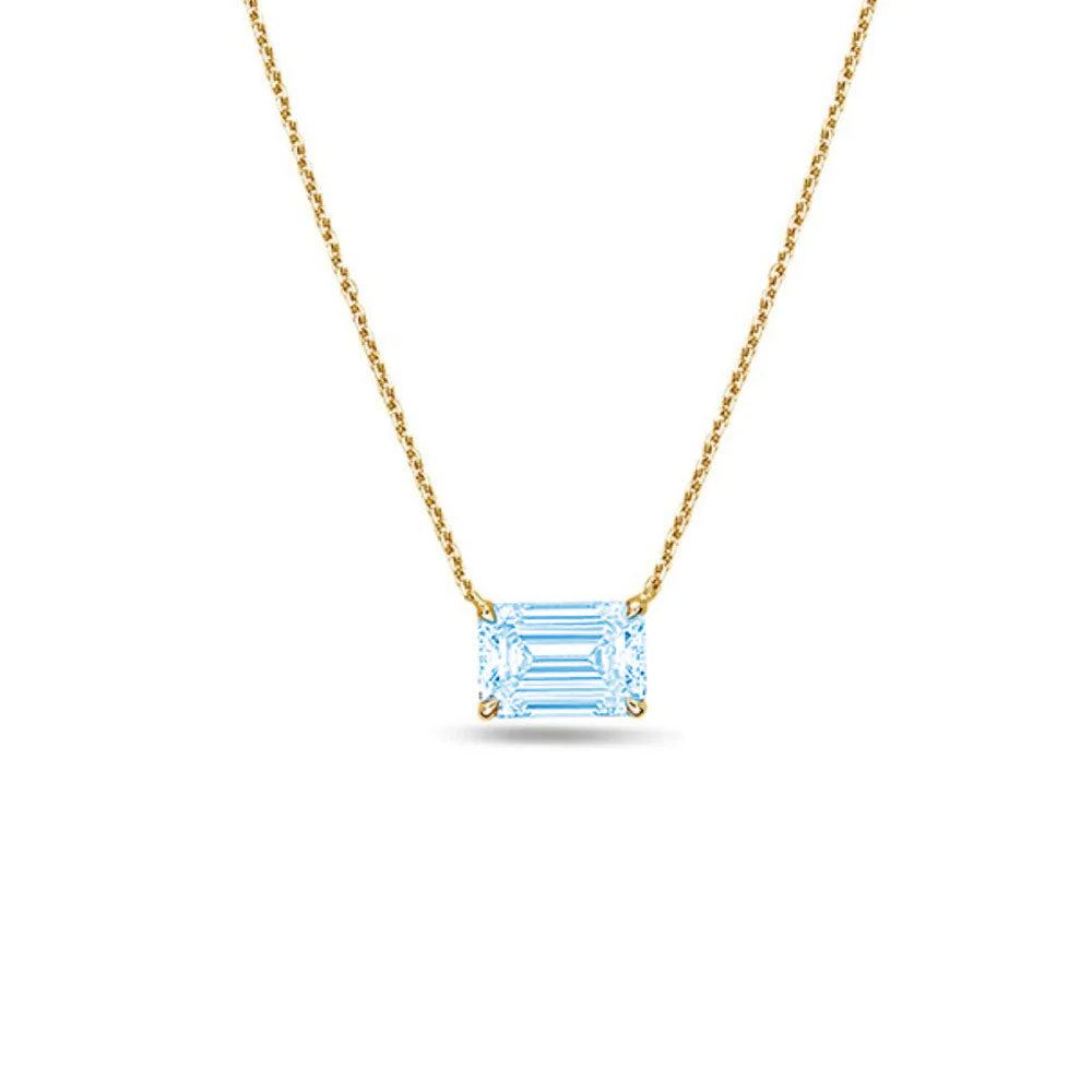 Lab-Grown Blue Emerald-Cut East-West Diamond Solitaire Pendant, 14k Gold