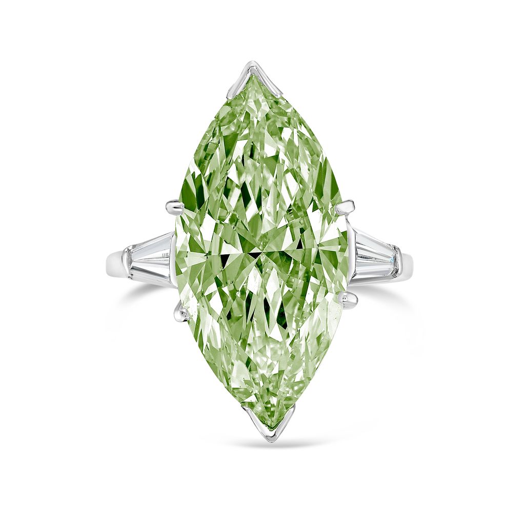 Lab-Grown Green Marquise Diamond Ring with Baguettes, 14k Gold