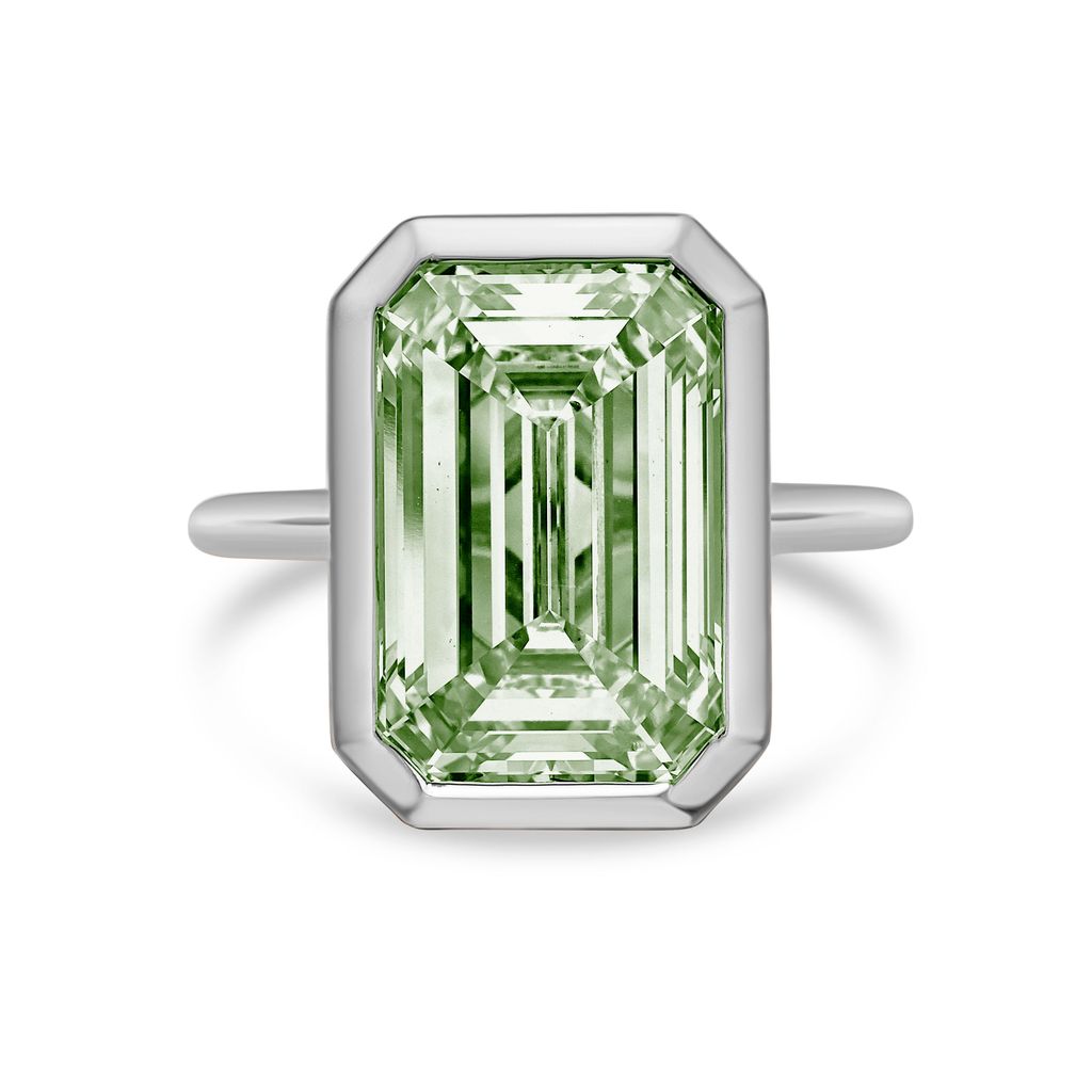 Lab-Grown Green Emerald Cut Diamond Bezel Solitaire Ring, 14k Gold
