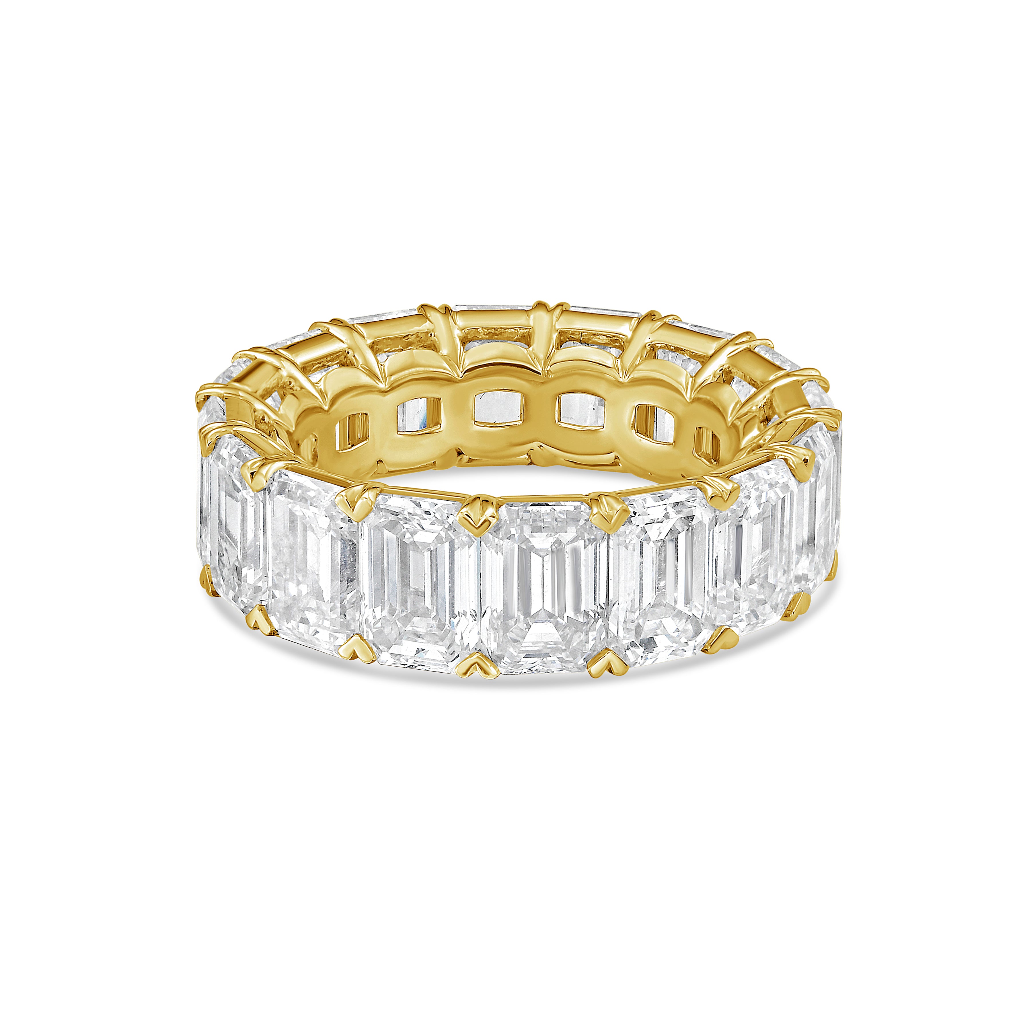 Lab-grown emerald cut diamond eternity band shown in 14k yellow gold