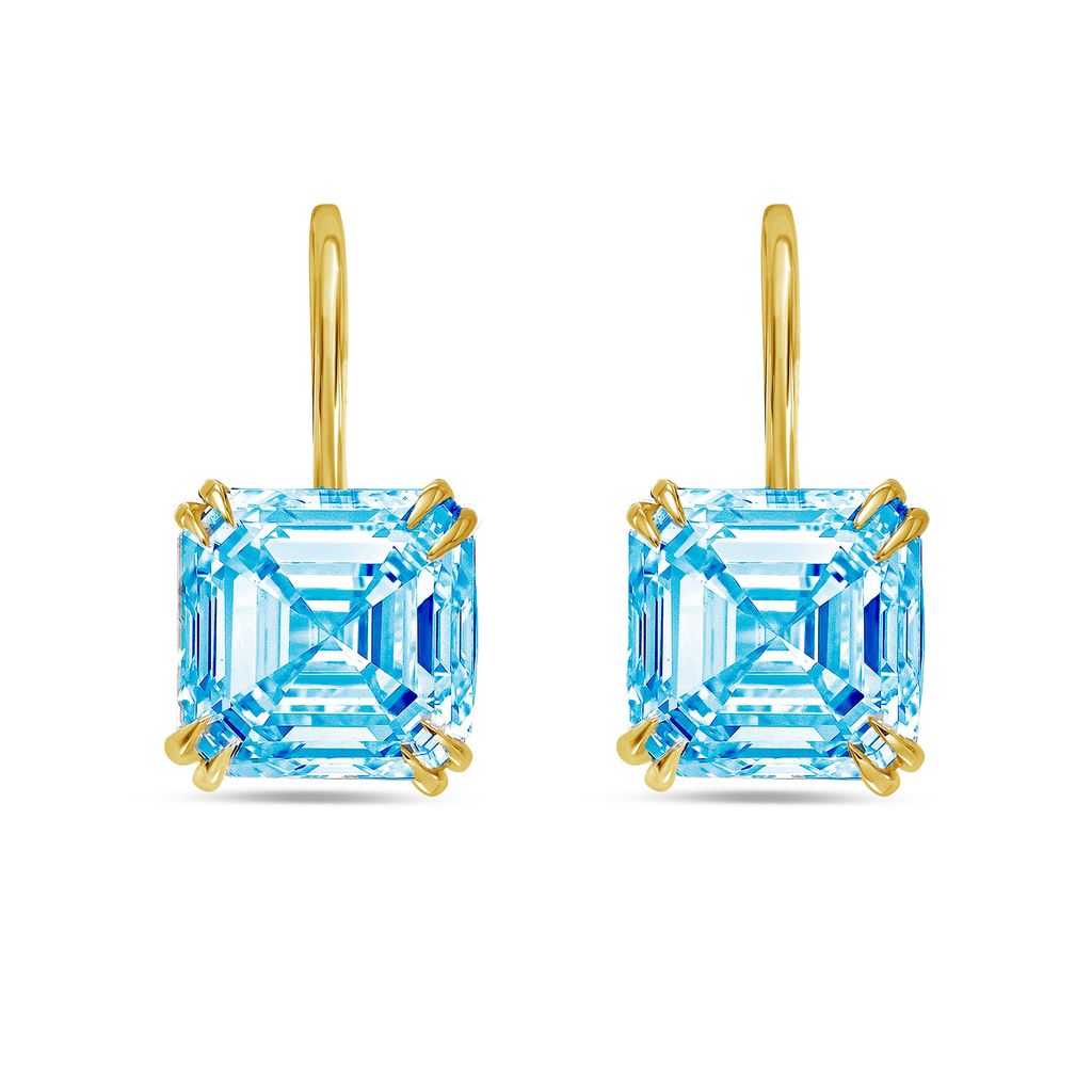 Lab-Grown Asscher Cut Blue Diamond Drop Earrings, 14K Gold
