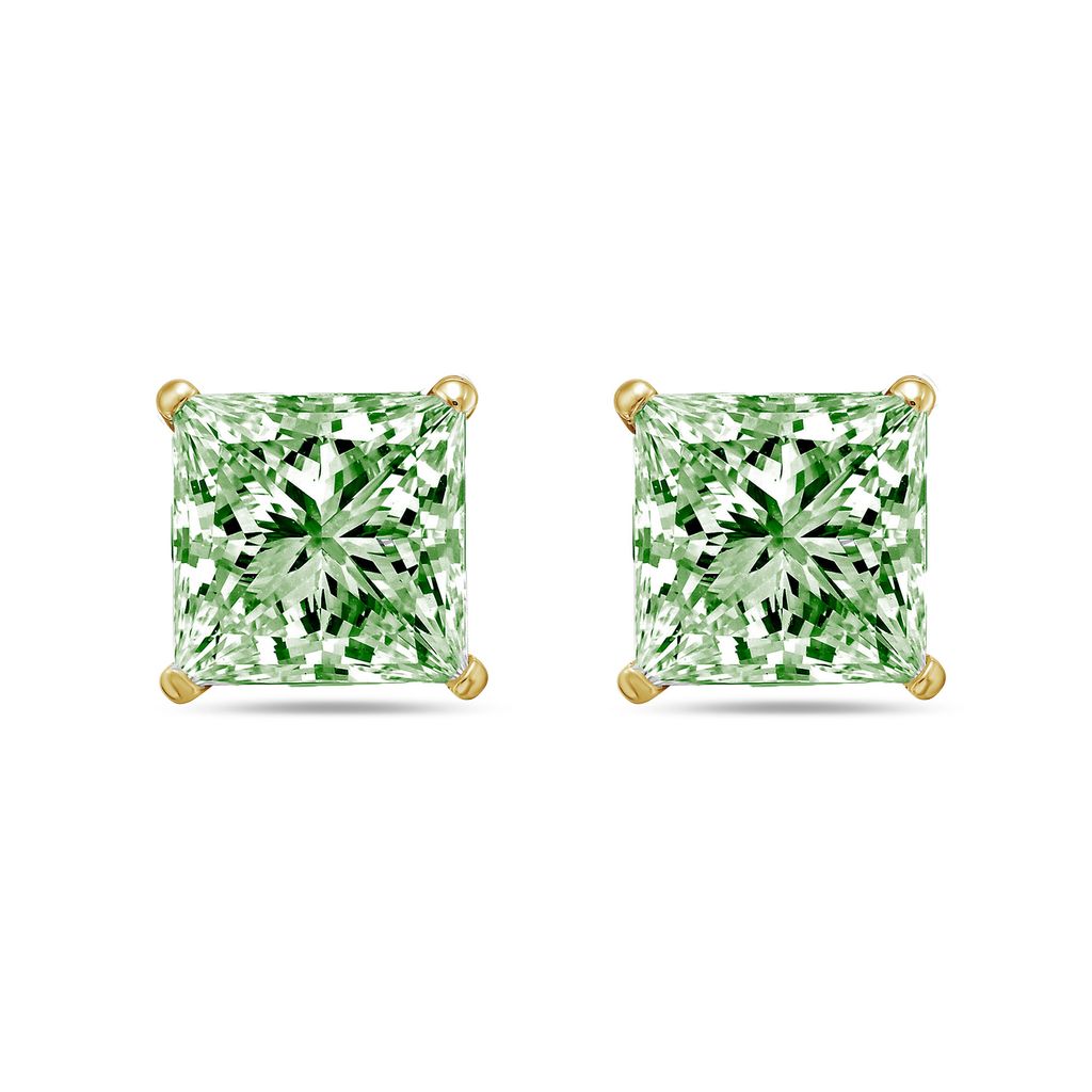Lab-Grown Green Princess Cut Diamond Stud Earrings, 4-Prong, 14K Gold