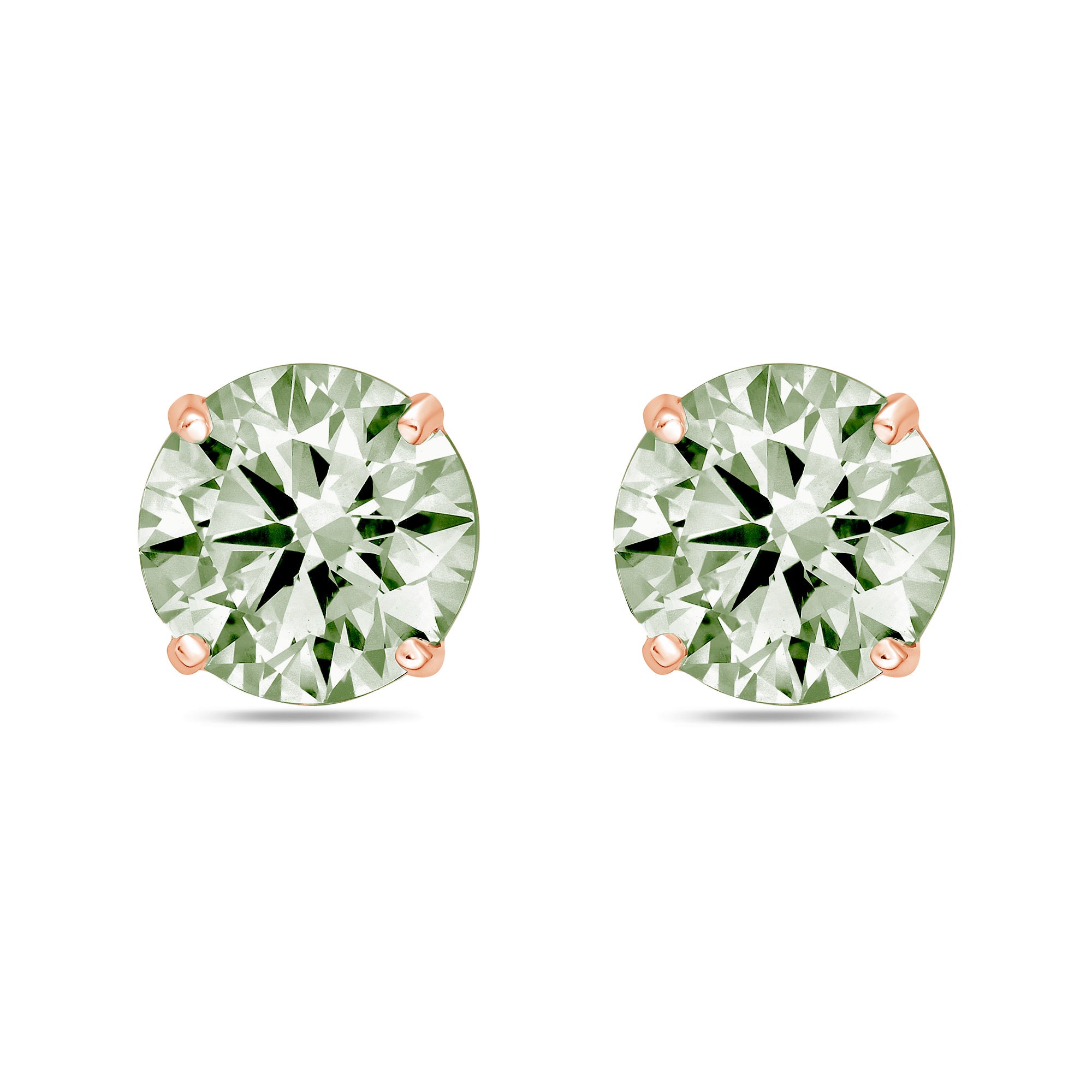A pair of round-cut stud earrings featuring light green gemstones in four-prong rose gold settings, displayed on a clean white background.