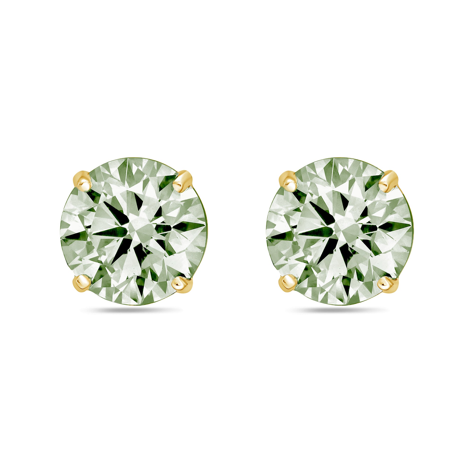 A pair of round-cut stud earrings featuring light green gemstones in four-prong yellow gold settings, displayed on a clean white background.